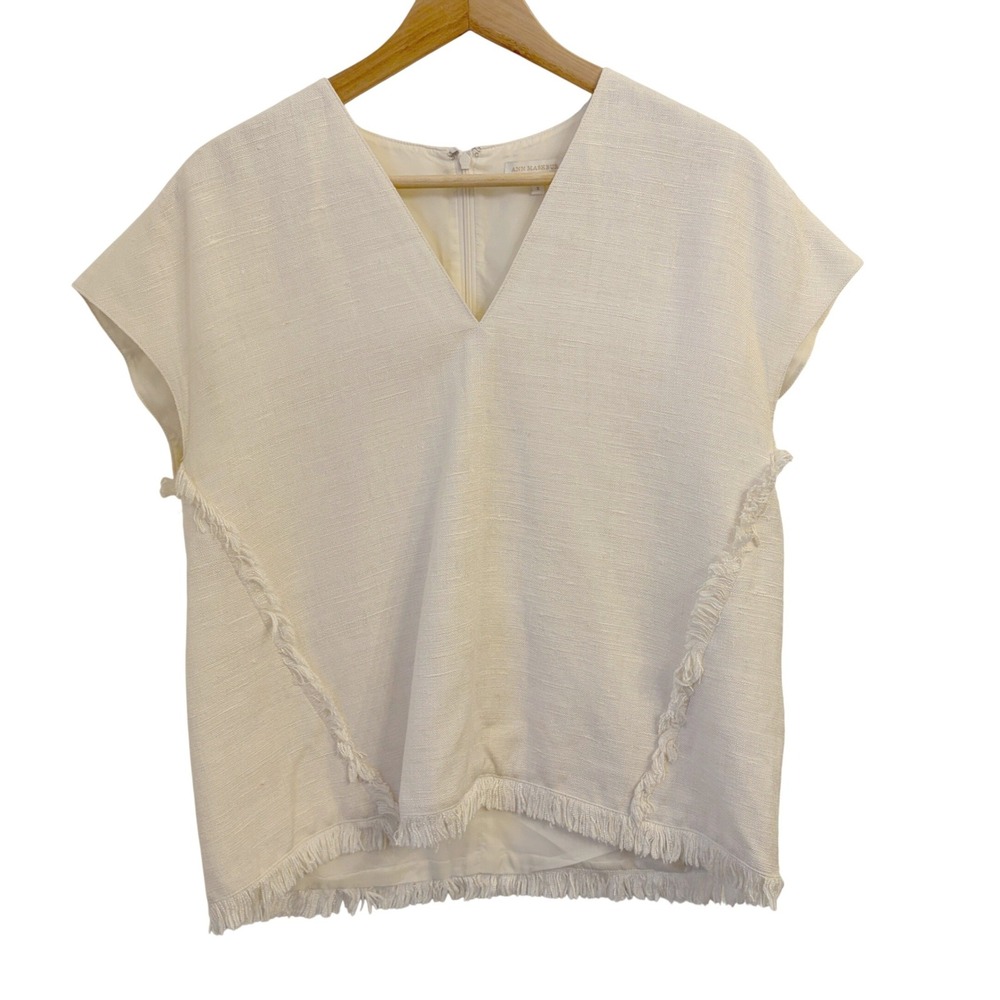 Ann Mashburn Silk Fringe Trim Blouse Top Sโ Boxy Woven Minimalist V-Neck Cream